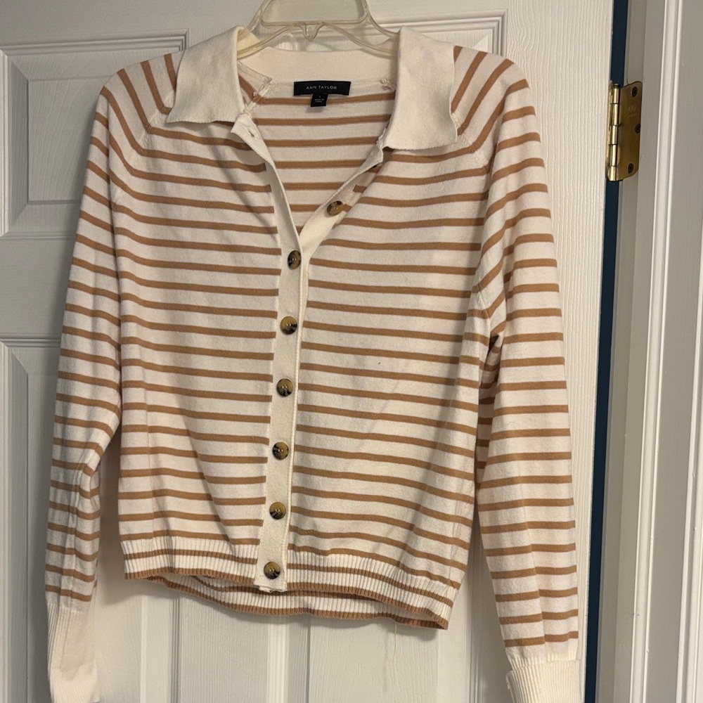 Ann Taylor Cream and Tan Striped Cardigan